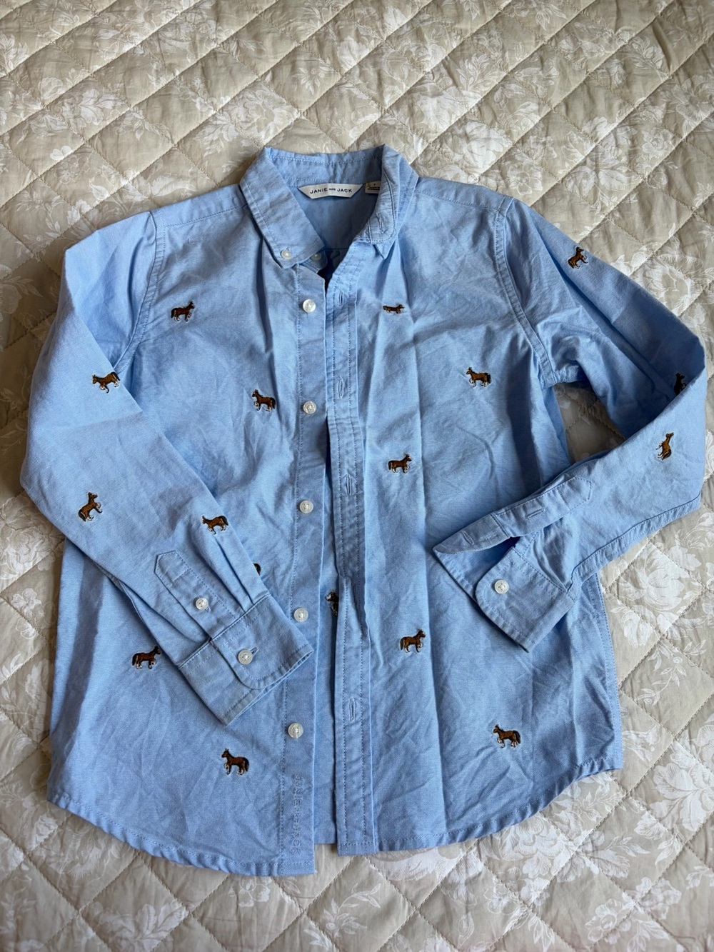 Janie and Jack Light Blue Button-Down Shirt with Embroidered horses 7y